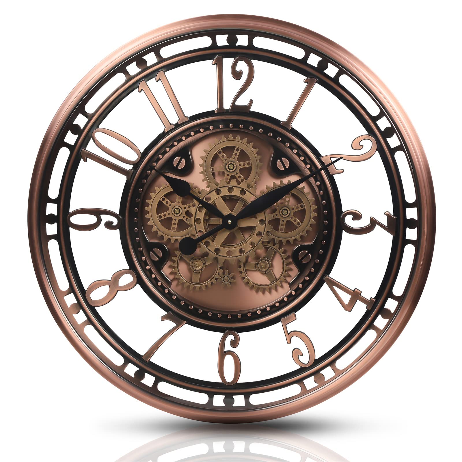 CLXEAST Large Steampunk Moving Gear Wall Clock for Living Room Decor, Modern Farmhouse Decorative Silent Wall Clocks Battery Operated,Rose Gold