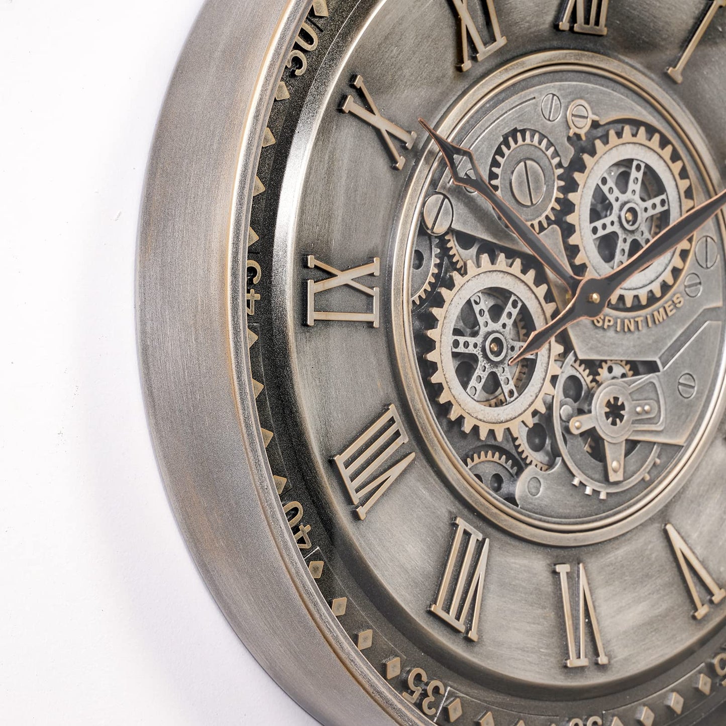 CLXEAST 24 Inch Large Moving Gear Wall Clock for Living Room Decor,Industrial Steampunk Wall Clock, Antique Silver Metal Wall Clock, Big Roman Numerals Silent Wall Clock for Office,Farmhouse