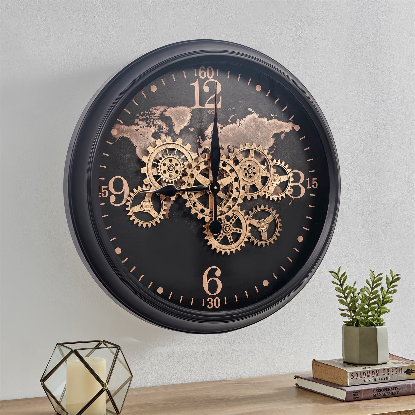 gear wall clock CLXEAST 24 Inch Wall Clock with Moving Gears,Large Industrial World Map Black Gold Metal Wall Clock for Modern Living Room Decor, Silent Non Ticking