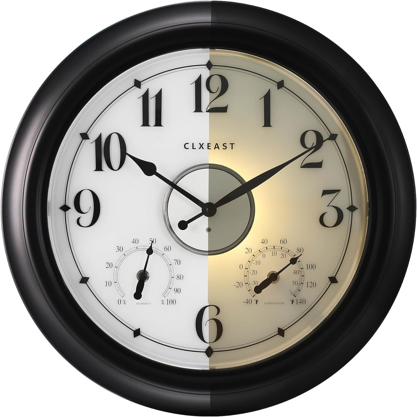 CLXEAST Illuminated Outdoor Clocks Waterproof 18 Inch with Smart Sensor,Large Outdoor Pool Clock with Temperature & Hygrometer,Wall Clock for Living Room Decor,Grey Oak/Faux Barnwood