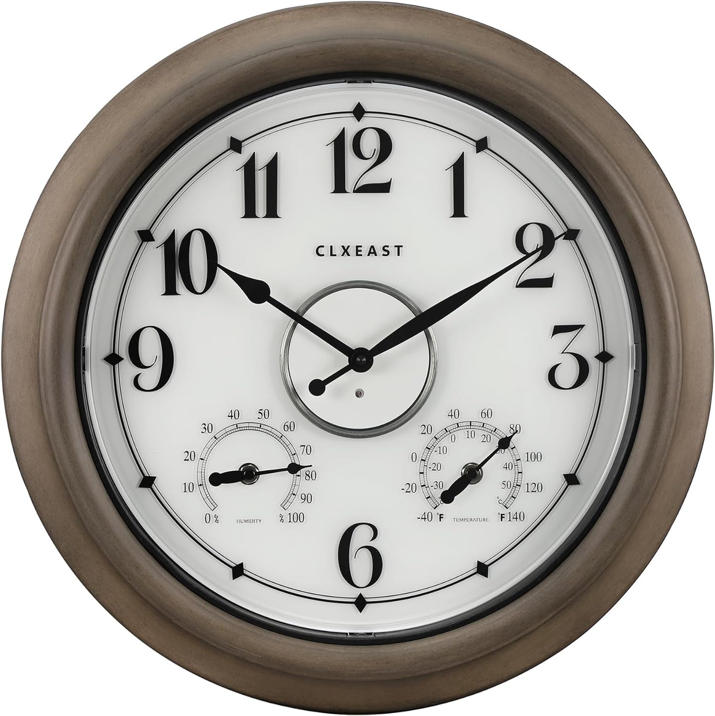 CLXEAST Illuminated Outdoor Clocks Waterproof 18 Inch with Smart Sensor,Large Outdoor Pool Clock with Temperature & Hygrometer,Wall Clock for Living Room Decor,Grey Oak/Faux Barnwood