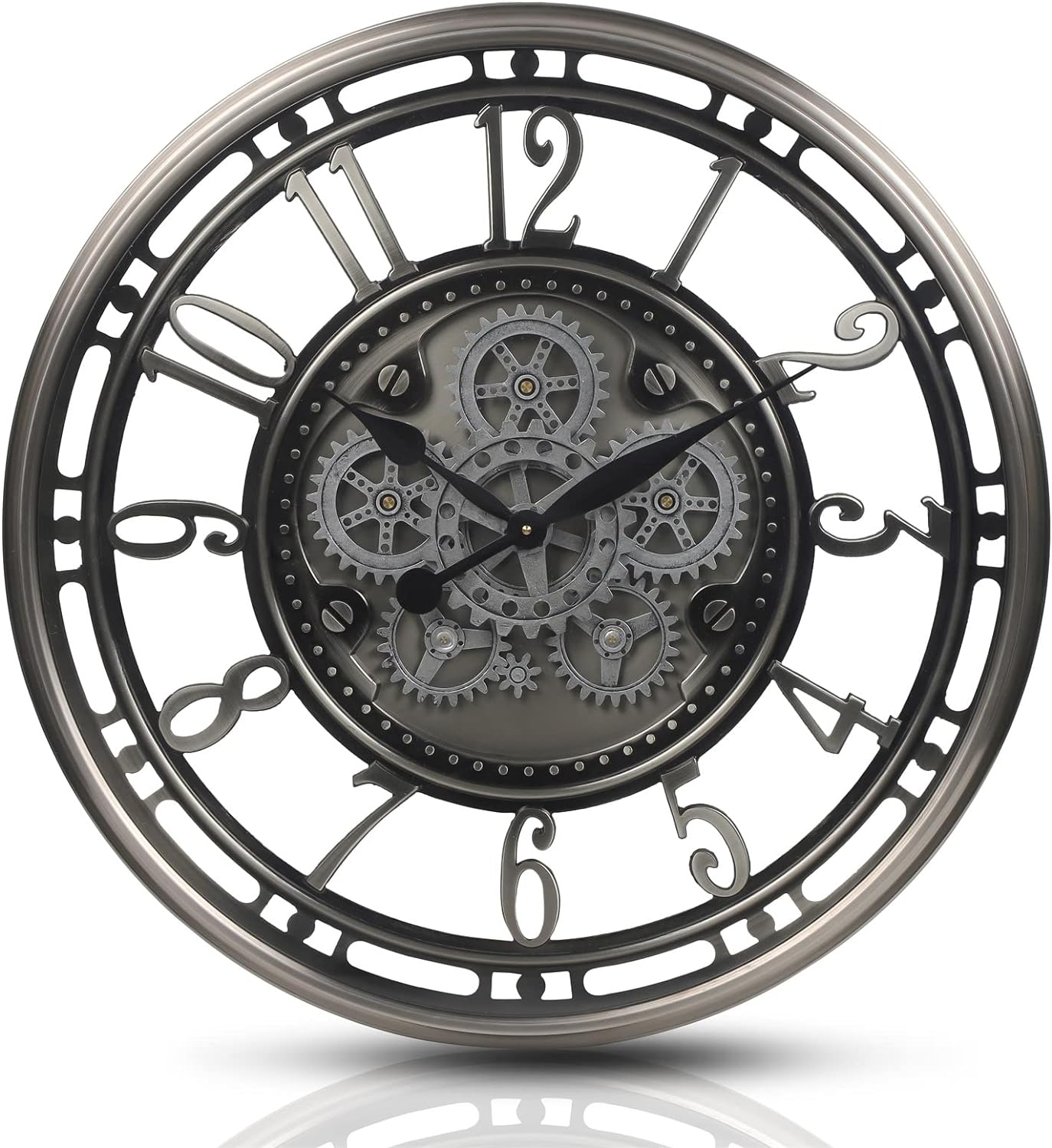 CLXEAST Large Moving Gear Wall Clock,Industrial Steampunk Decor Wall Clock,Metal Wall Art Clock for Modern Farmhouse Living Room Decor,Gunmetal Silver Chrome Finish (20 Inch)