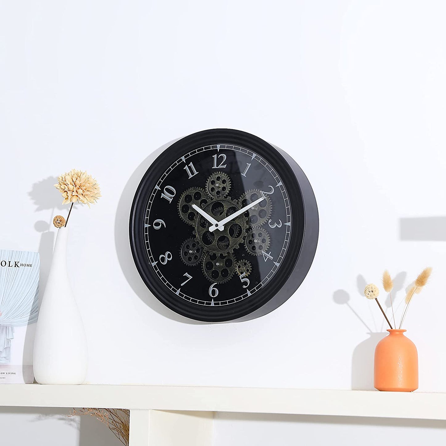 CLXEAST 15 Inches Real Moving Gear Wall Clock, Vintage Industrial Steampunk Style Aesthetics Art Decor, Small Modern Classic Black Metal Wall Clock for Living Room, Home, Kitchen, Office
