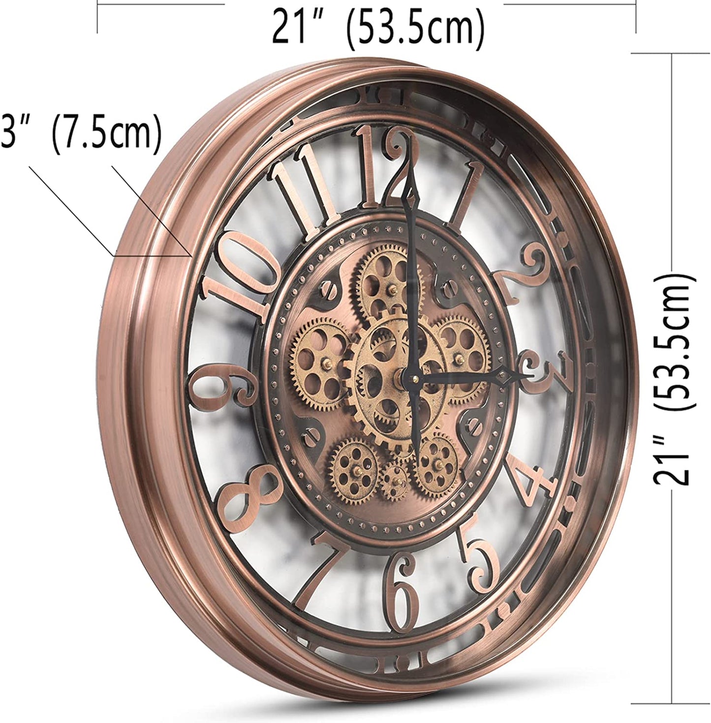 CLXEAST Moving Gear Wall Clock Modern Decor, Large Industrial Wall Clock Steampunk, Metal Big Arabic Numerals Rose Gold Wall Clock for Living Room Decor, Kitchen, Office, Bronze Copper (21 Inch)