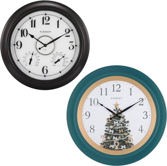 CLXEAST Illuminated Outdoor Waterproof Clock 18 inch with Smart Sensor Thermometer & Hygrometer+18 Inch Illuminated Teal Wall Clock for Christmas Decorations, Lighted Wall Clocks with Smart Sensor
