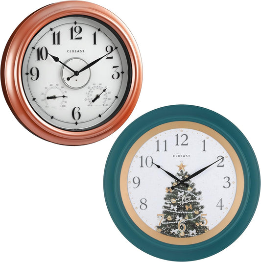 CLXEAST Weatherproof 18 Inch Illuminated Outdoor Indoor Clocks with Smart Sensor+8 Inch Illuminated Teal Wall Clock for Christmas Decorations, Lighted Wall Clock with Smart Sensor, Clocks for Modern