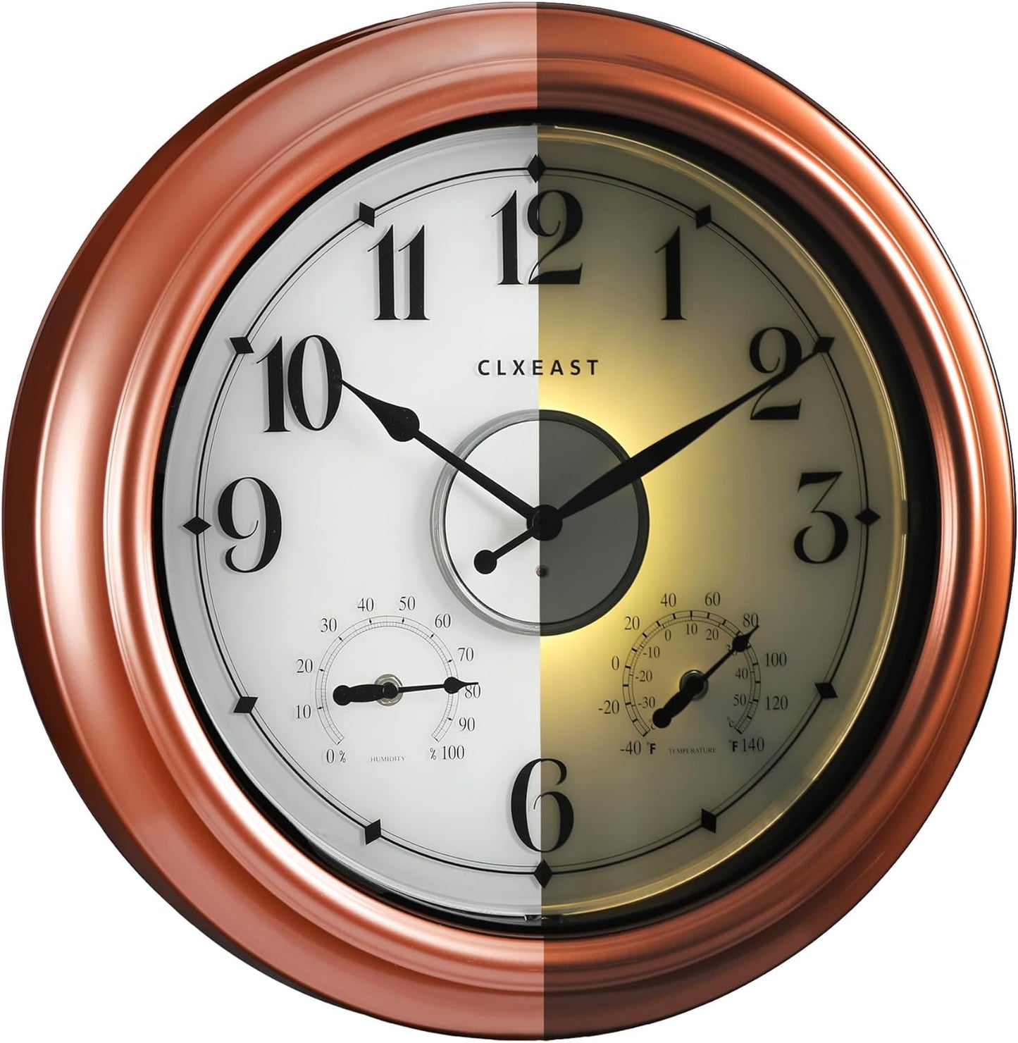 CLXEAST Illuminated Outdoor Clocks Waterproof 18 Inch with Smart Sensor,Large Outdoor Pool Clock with Temperature & Hygrometer,Wall Clock for Living Room Decor,Grey Oak/Faux Barnwood