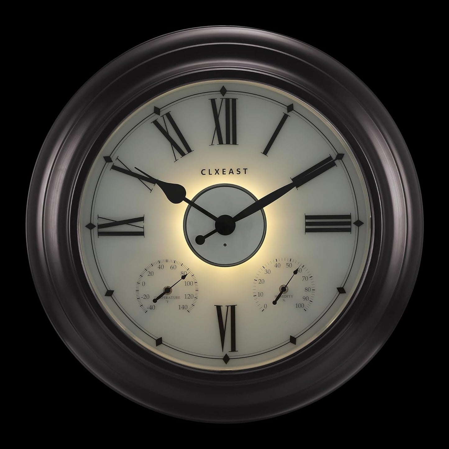 CLXEAST Illuminated Outdoor Indoor Metal Clocks Waterproof 24 inch, Oil Rubbed Bronze Black Finish,Large Clock with Thermometer & Hygrometer for Garden Patio Pool,Outdoor Lights&Decoration
