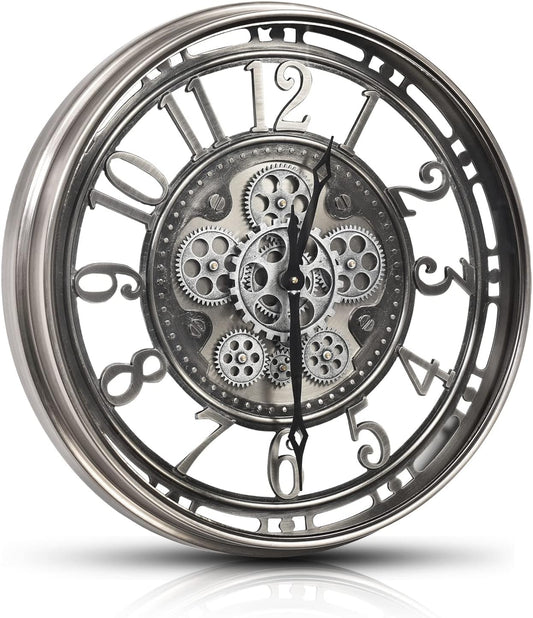 CLXEAST Large Moving Gear Wall Clock,Industrial Steampunk Decor Wall Clock,Metal Wall Art Clock for Modern Farmhouse Living Room Decor,Gunmetal Silver Chrome Finish (20 Inch)