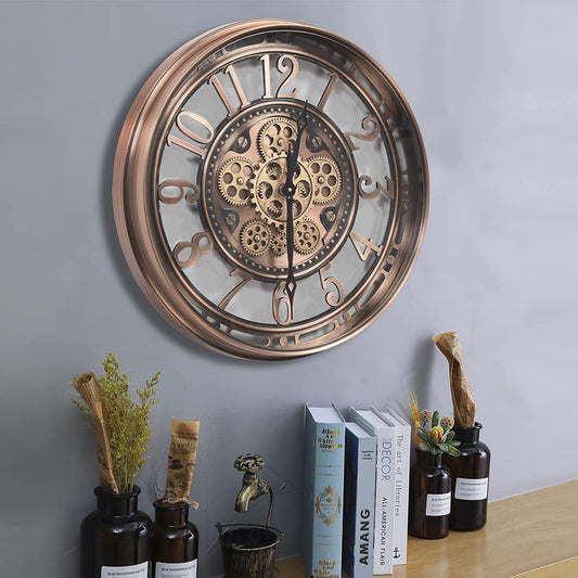 CLXEAST Moving Gear Wall Clock Modern Decor, Large Industrial Wall Clock Steampunk, Metal Big Arabic Numerals Rose Gold Wall Clock for Living Room Decor, Kitchen, Office, Bronze Copper (21 Inch)