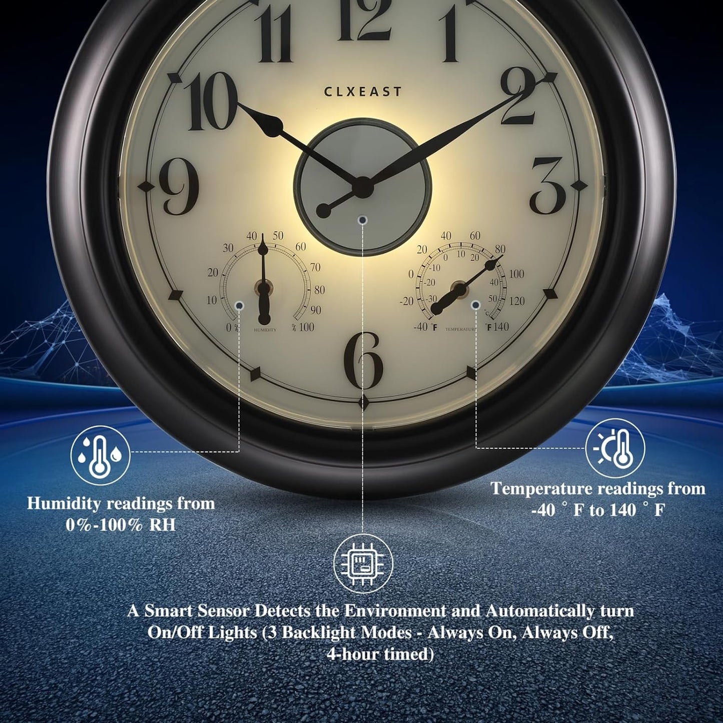 CLXEAST Illuminated Outdoor Clocks Waterproof 18 inches with Smart Sensor and Thermometer & Hygrometer+Waterproof Table Clocks for Bathroom Garden Patio Pool
