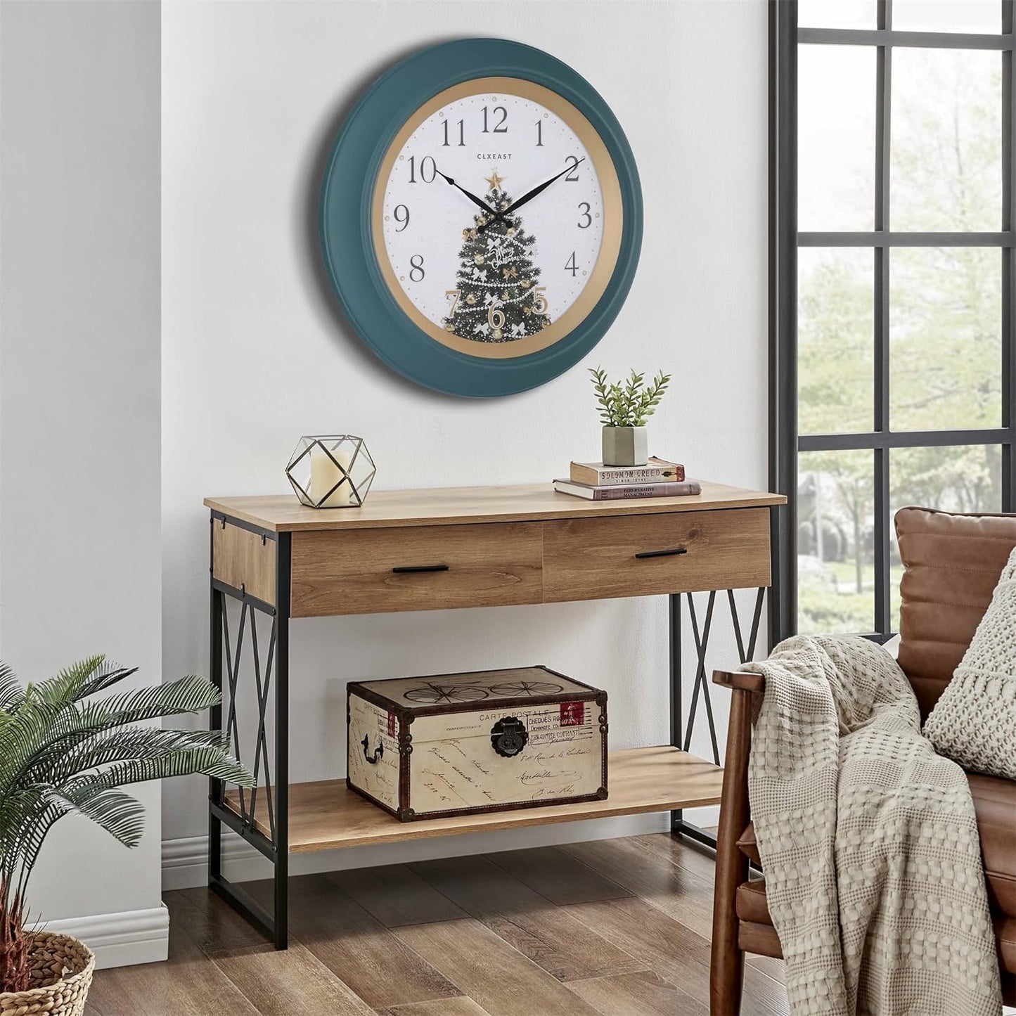 CLXEAST Illuminated Outdoor Clocks Waterproof 24 Inch with Smart Sensor+18 Inch Illuminated Teal Wall Clock for Christmas Decorations, Lighted Wall Clock with Smart Sensor