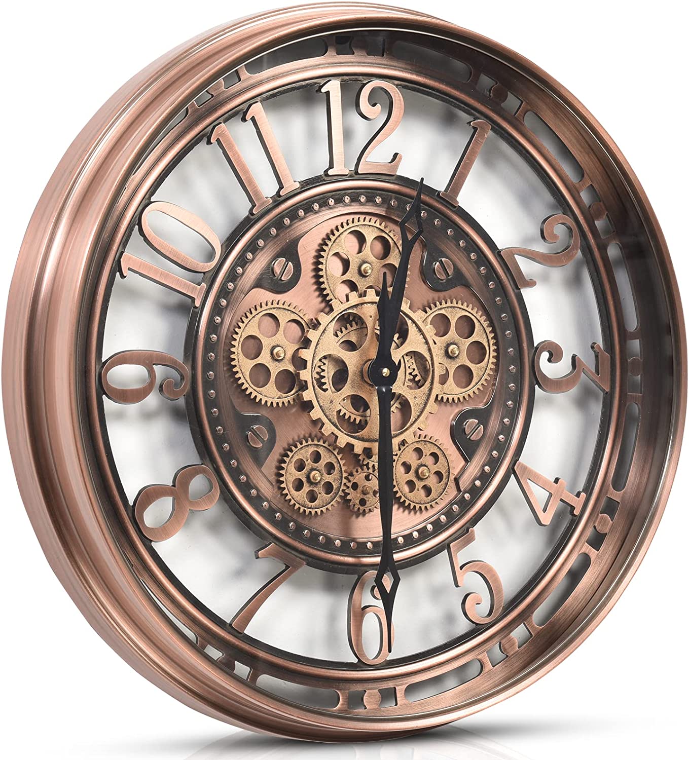 geared clocks CLXEAST Moving Gear Wall Clock Modern Decor, Large Industrial Wall Clock Steampunk, Metal Big Arabic Numerals Rose Gold Wall Clock for Living Room