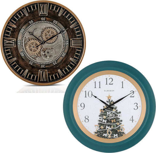 LXEAST 24 Inch Large Moving Gear Wall Clock for Living Room Decor Industrial Steampunk+18 Inch Illuminated Teal Green Wall Clock for Christmas Decorations, Lighted Wall Clocks with Smart Sensor