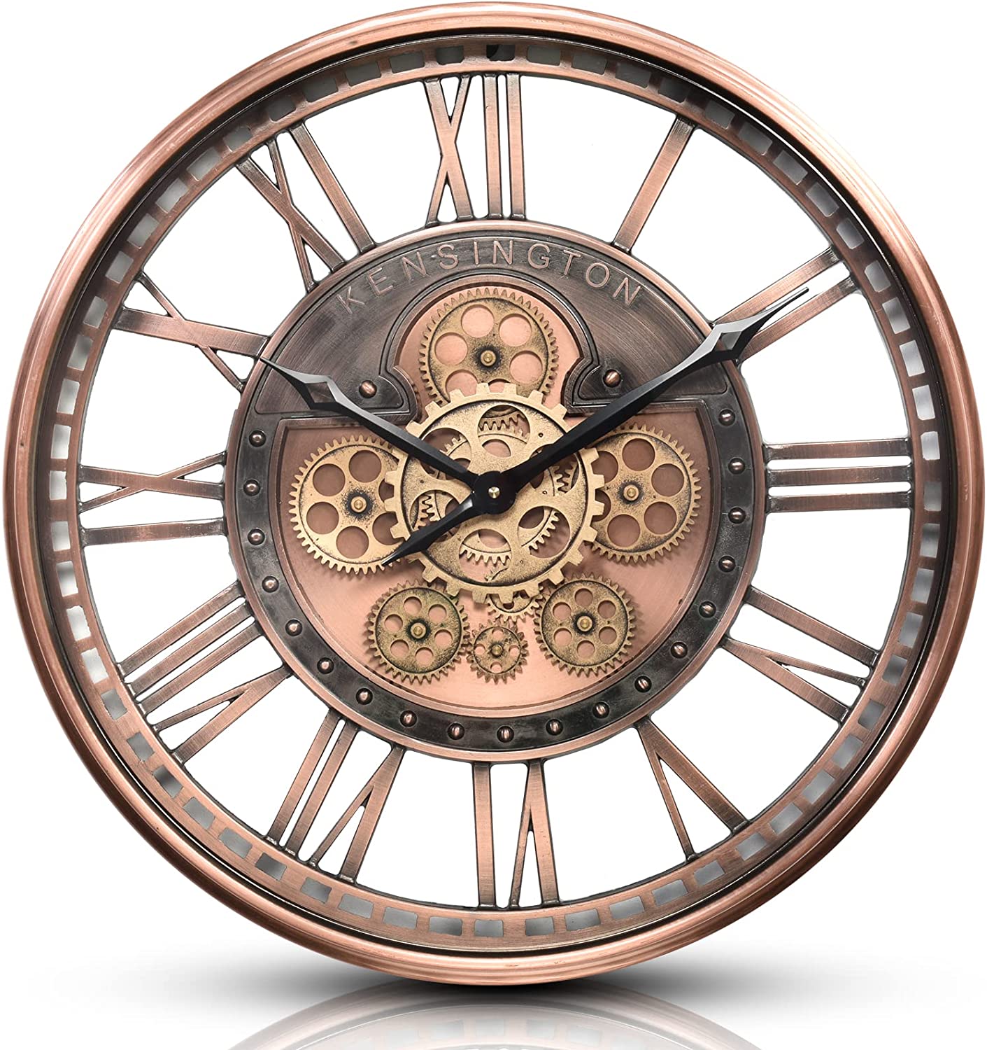 CLXEAST Moving Gear Wall Clock Modern Decor, Large Industrial Wall Clock Steampunk, Metal Big Arabic Numerals Rose Gold Wall Clock for Living Room Decor, Kitchen, Office, Bronze Copper (21 Inch)