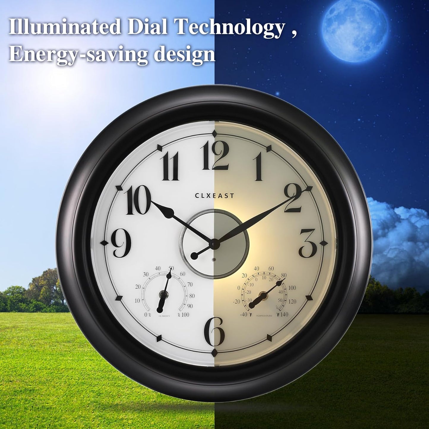 CLXEAST Illuminated Outdoor Clocks Waterproof 18 inches with Smart Sensor and Thermometer & Hygrometer+Waterproof Table Clocks for Bathroom Garden Patio Pool
