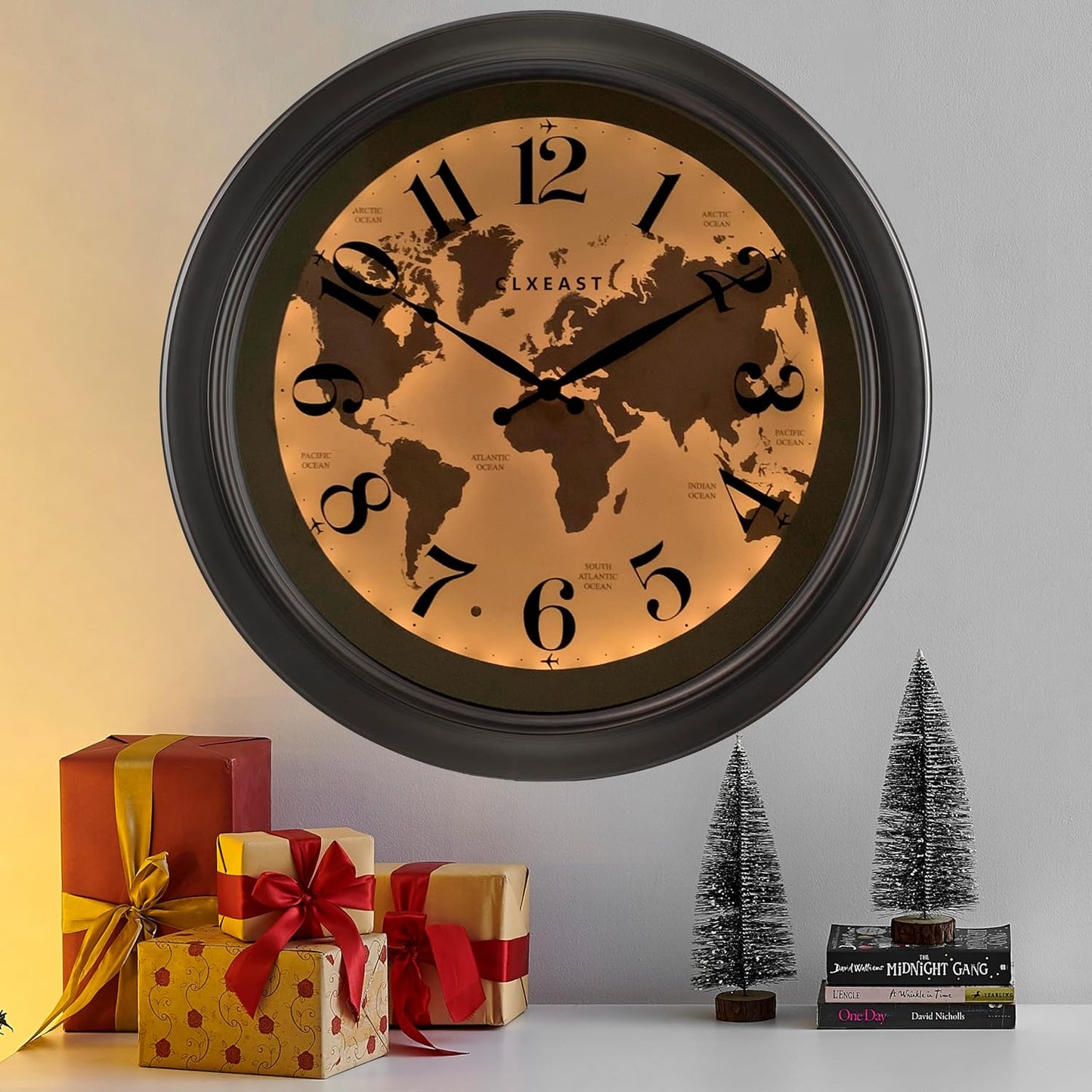 CLXEAST 18 Inch Illuminated Teal Wall Clock for Christmas Decorations, Lighted Wall Clock with Smart Sensor, Clocks for Modern Farmhouse Living Room Decor, Wall Art Decor