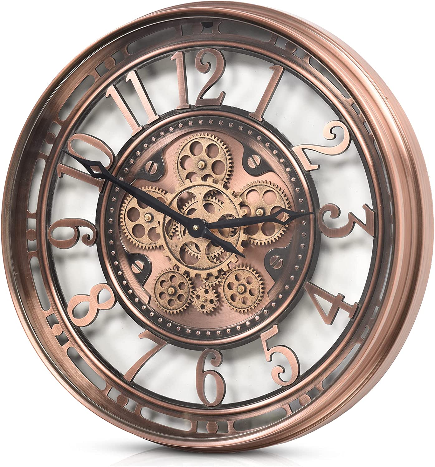 CLXEAST Moving Gear Wall Clock Modern Decor, Large Industrial Wall Clock Steampunk, Metal Big Arabic Numerals Rose Gold Wall Clock for Living Room Decor, Kitchen, Office, Bronze Copper (21 Inch)