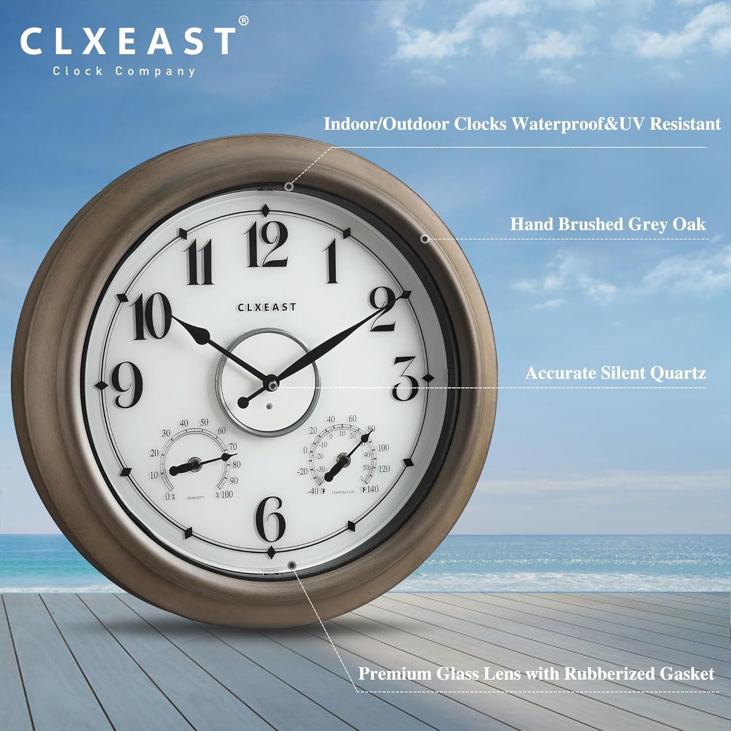 CLXEAST Illuminated Outdoor Clocks Waterproof 18 Inch with Smart Sensor,Large Outdoor Pool Clock with Temperature & Hygrometer,Wall Clock for Living Room Decor,Grey Oak/Faux Barnwood