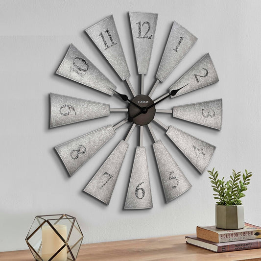 CLXEAST 30 Inch Large Farmhouse DIY Windmill Decor Wall Clock, Adjustable Size 24"/26"/28"/30"/32", 24 Inch Wall Clocks for Living Room Decor,Wall Art Decor, Galvanized Gray/Dark Grey Oak