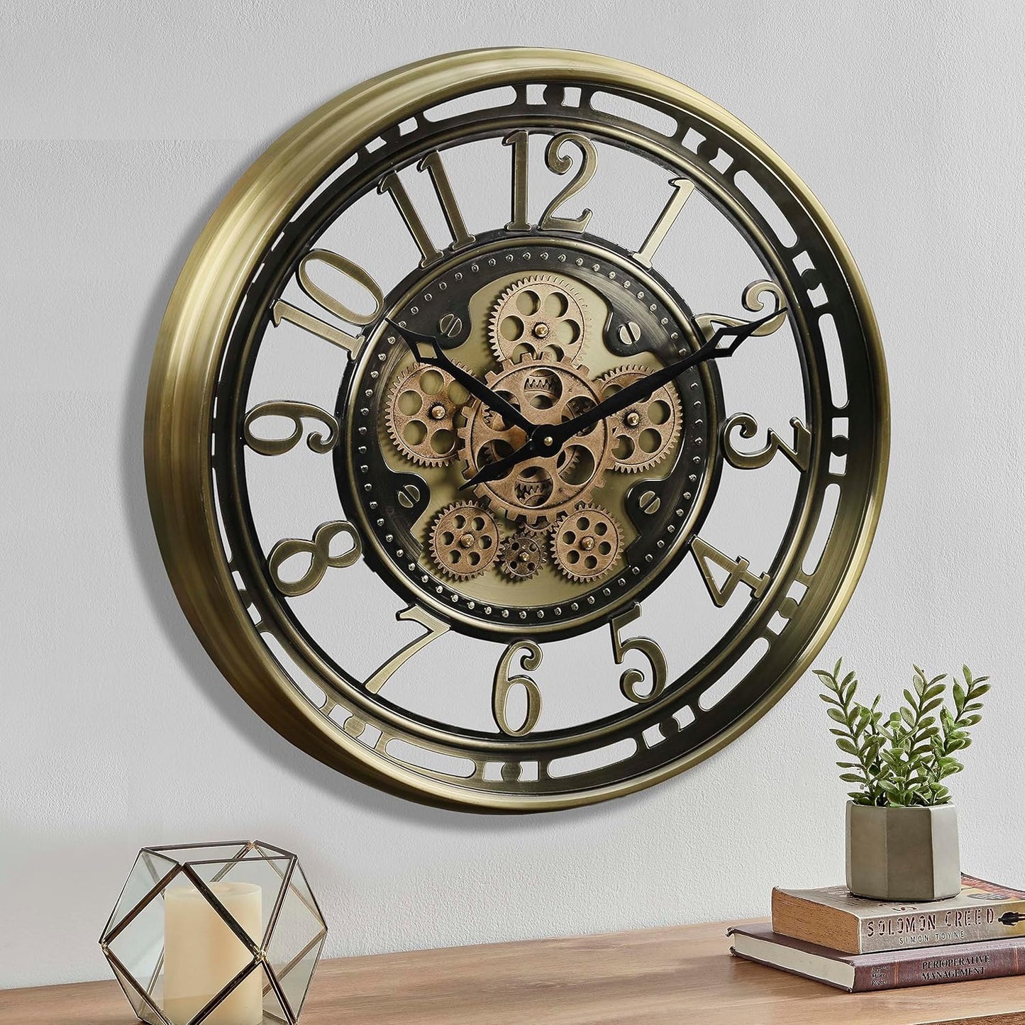 CLXEAST Large Moving Gear Wall Clock,Industrial Steampunk Decor Wall Clock,Metal Wall Art Clock for Modern Farmhouse Living Room Decor,Gunmetal Silver Chrome Finish (20 Inch)