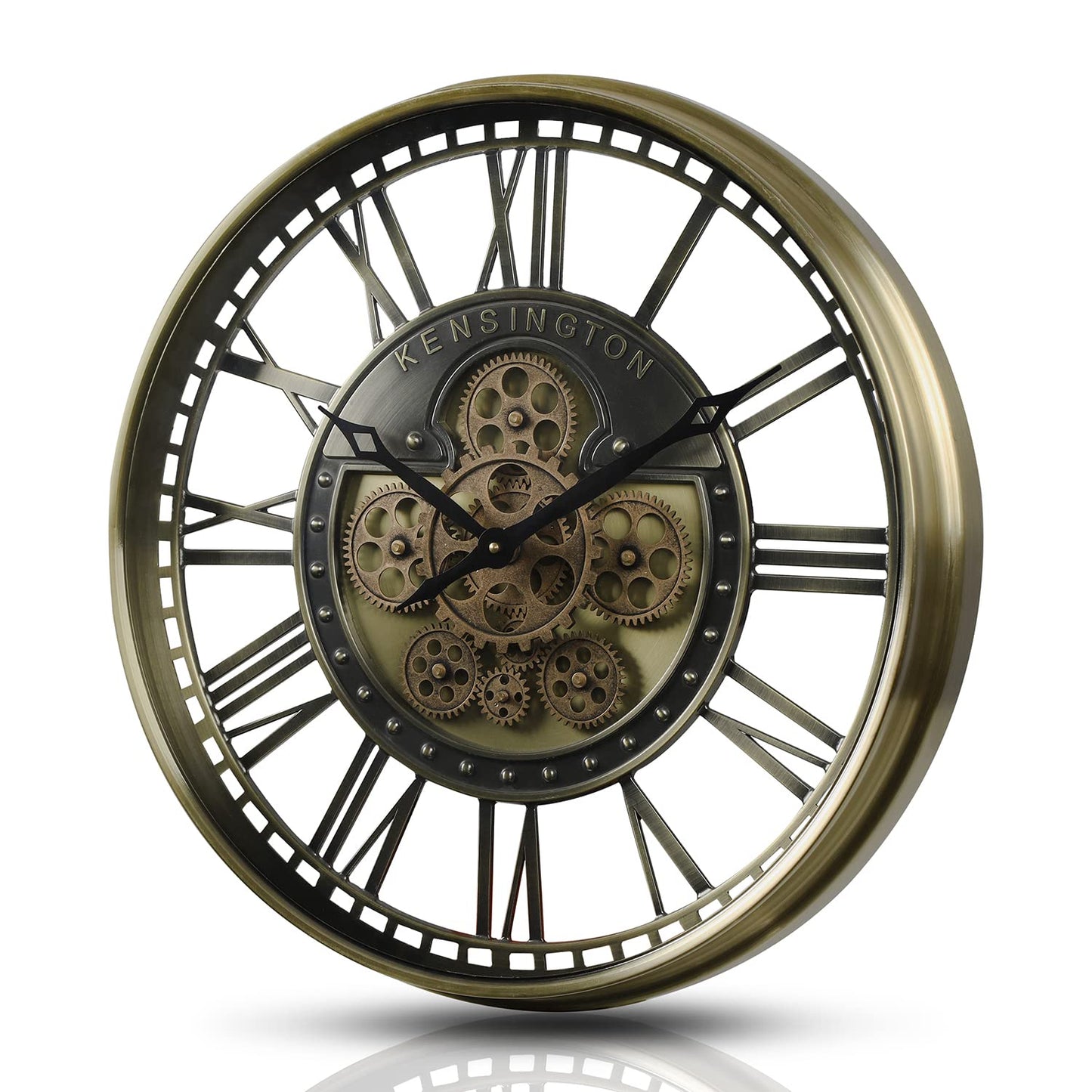 CLXEAST Large Moving Gears Wall Clock for Modern Living Room Decor,Big Roman Numerals Metal Wall Clock,Vintage Industrial Battery Operated Silent Wall Clock Gold ( 21 Inch)