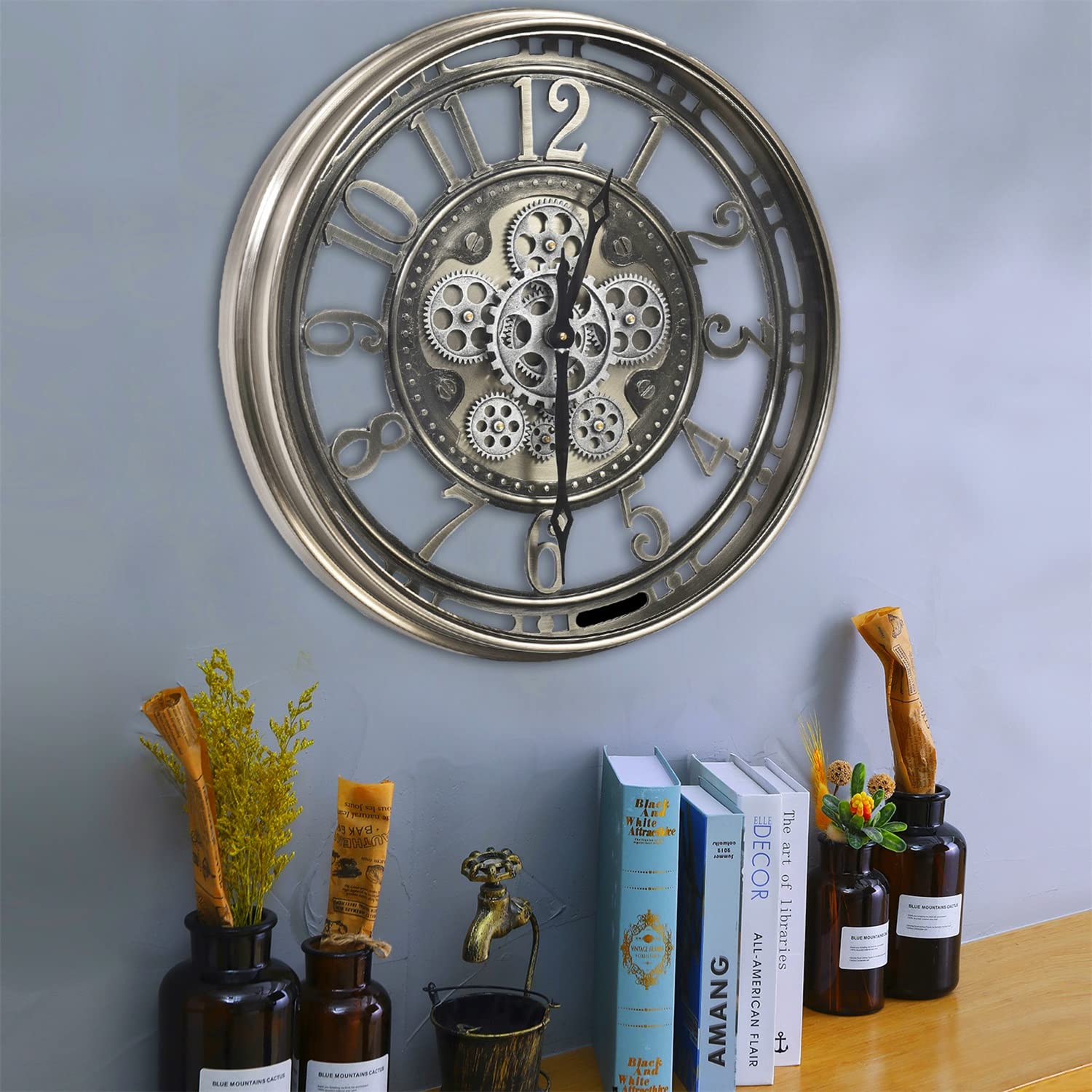 CLXEAST Large Wall Clock with Real Moving Gears, Industrial