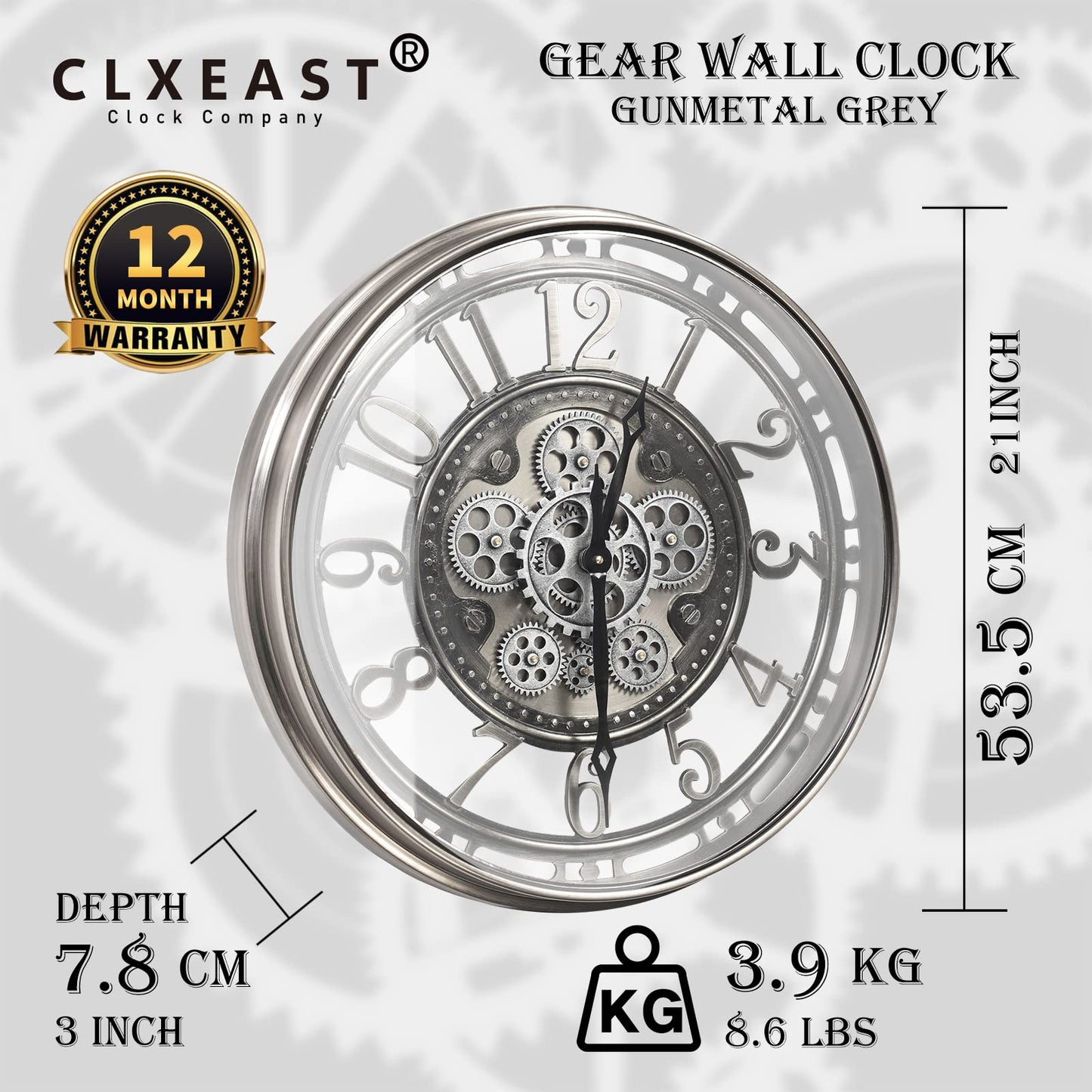 CLXEAST Large Wall Clock with Real Moving Gears, Industrial Steampunk Decor Decorative Big Modern Metal Silent Clock for Living Room Decor, Office, Arabic Numerals, Gunmetal Silver (21 Inch)