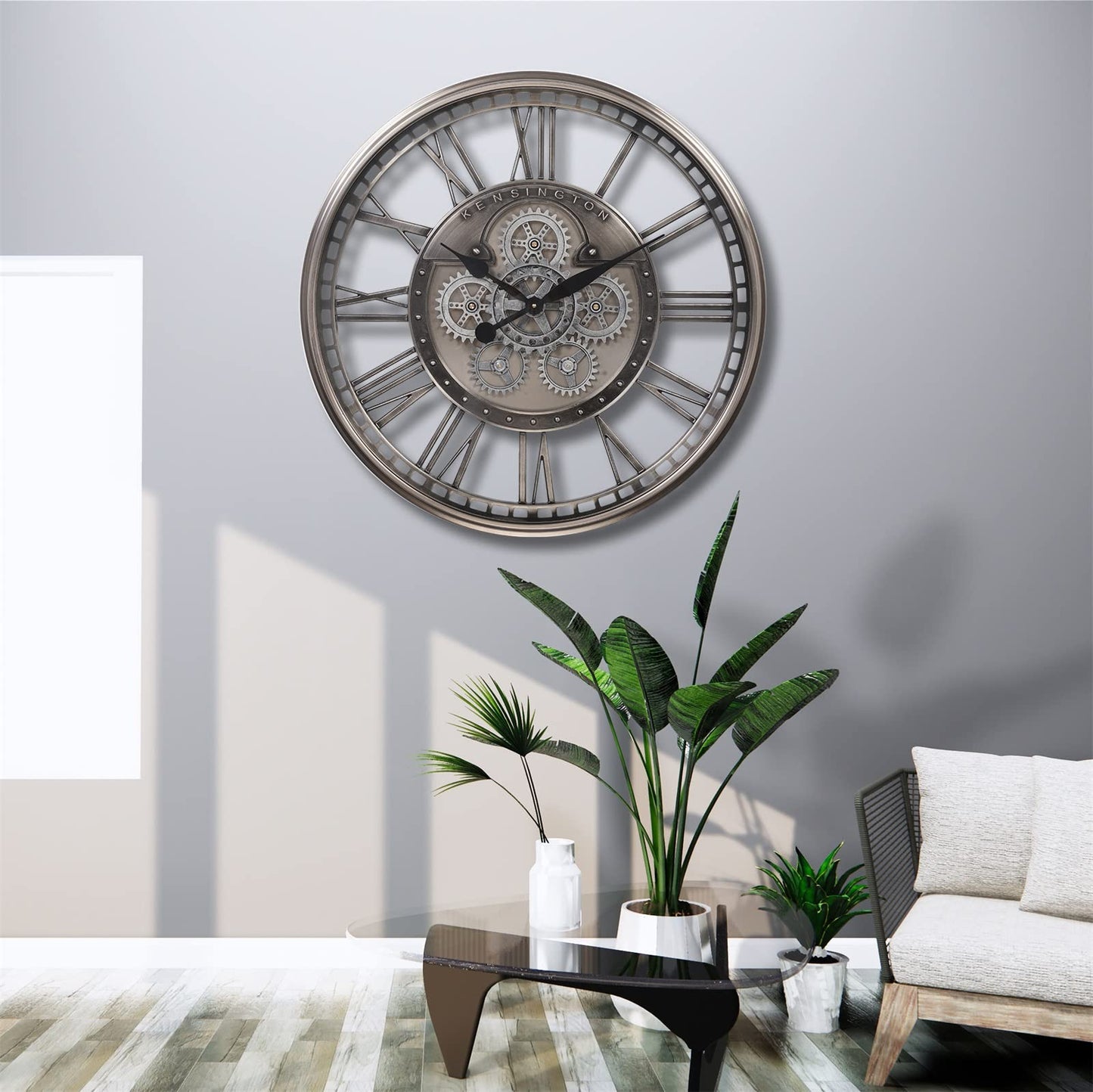 CLXEAST Original Real Moving Gear Wall Clock Modern,Industrial Steampunk Big Wall Clock for Farmhouse Living Room Decor, Roman Numerals,Brushed Gunmetal (28 Inch)