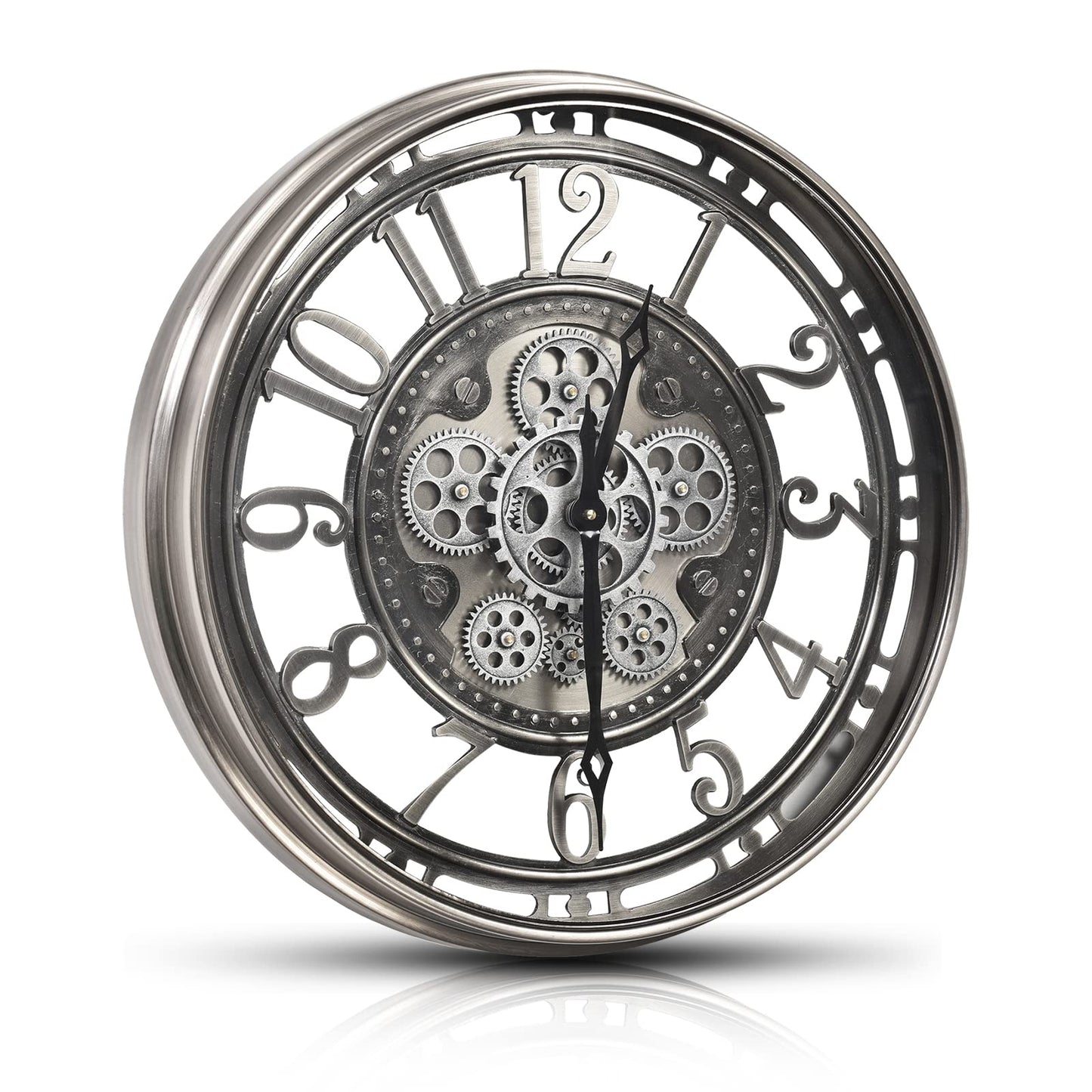 CLXEAST Large Wall Clock with Real Moving Gears, Industrial Steampunk Decor Decorative Big Modern Metal Silent Clock for Living Room Decor, Office, Arabic Numerals, Gunmetal Silver (21 Inch)