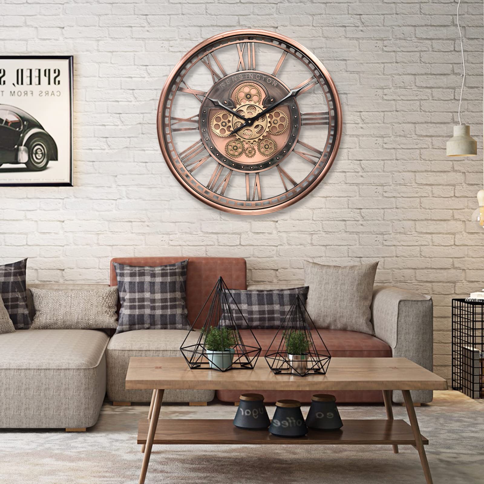 geared clocks CLXEAST Large Modern Gear Clock with Moving Gears,Industrial Farmhouse Roman Numeral Metal Wall Clock for Living Room Decor,Office,Copper,Rose Gold