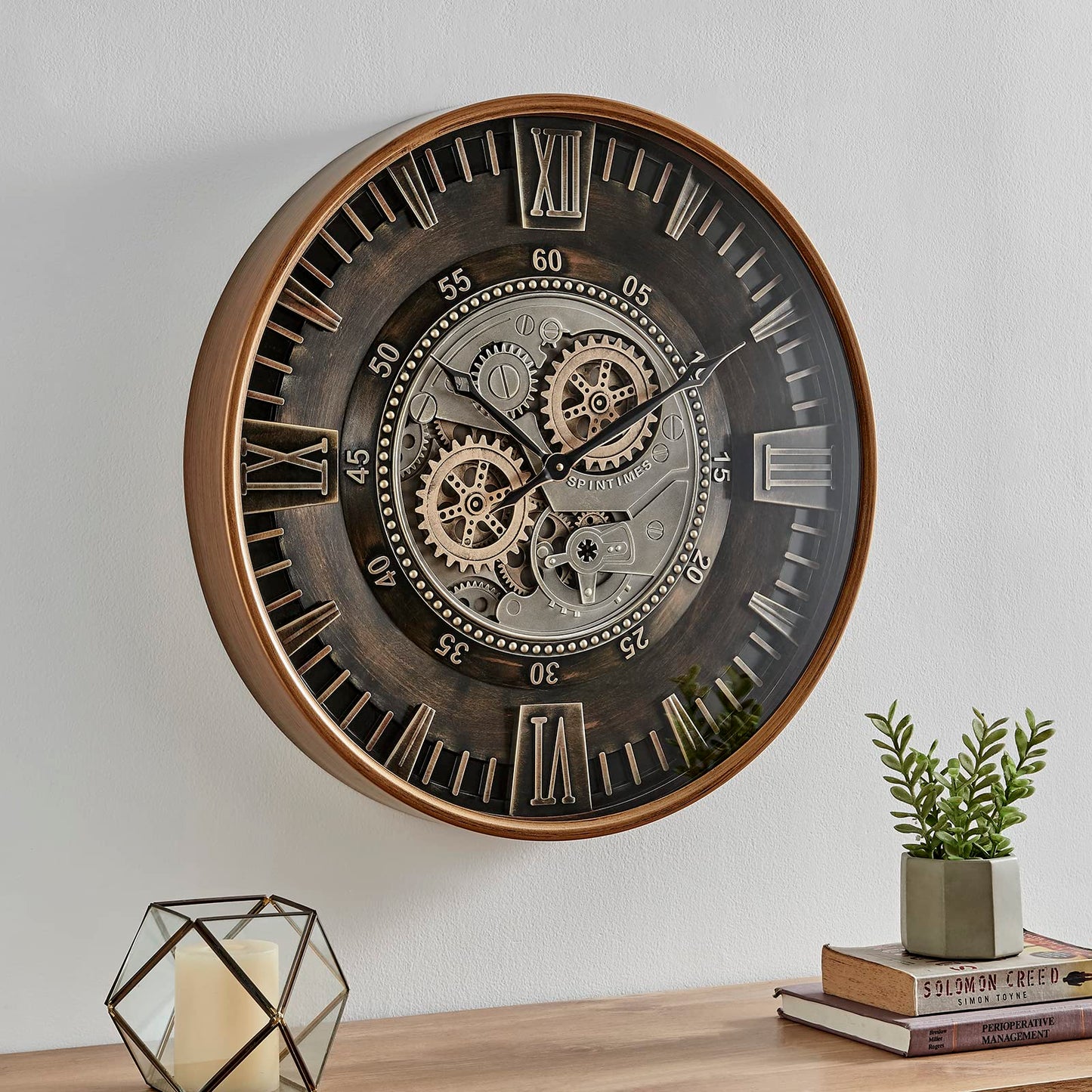 CLXEAST 24 Inch Large Real Moving Gear Wall Clock for Living Room Decor,Big Industrial Rustic Steampunk Wall Clock,Vintage Metal Bronze Gold Wall Clock for Office,Farmhouse