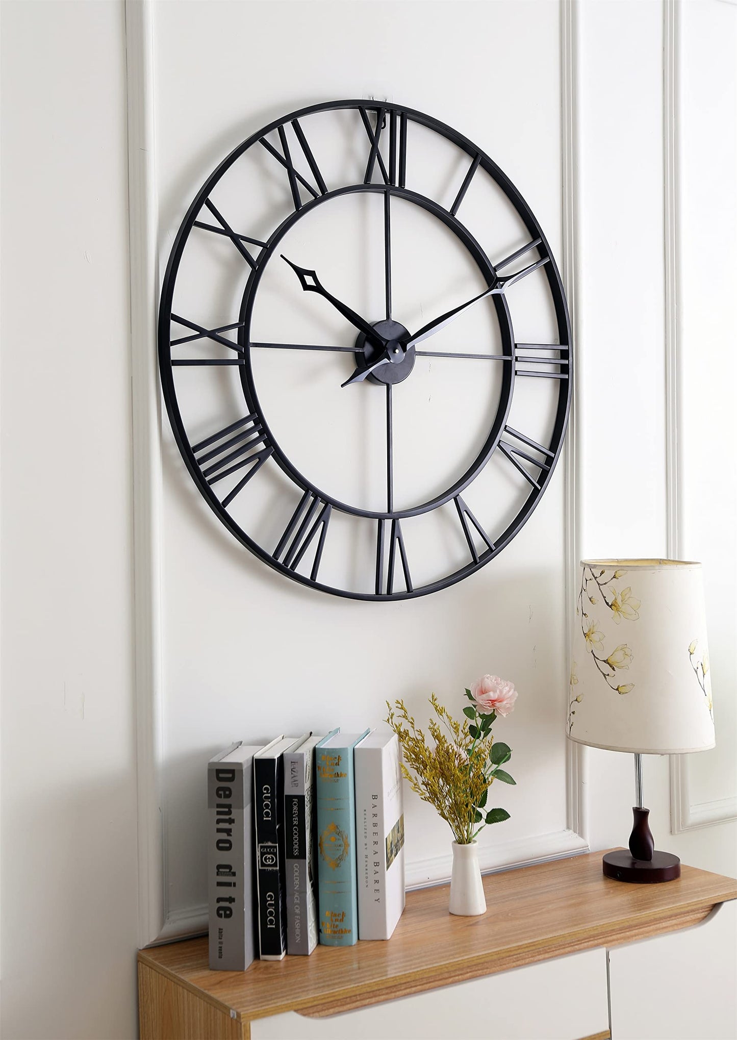 CLXEAST 30 Inch Large Wall Clock Modern, Oversized Roman Numeral Decorative Art Metal Wall Clock, Indoor Silent Clock for Living Room Decor,Fireplace ,Office- Black(30")