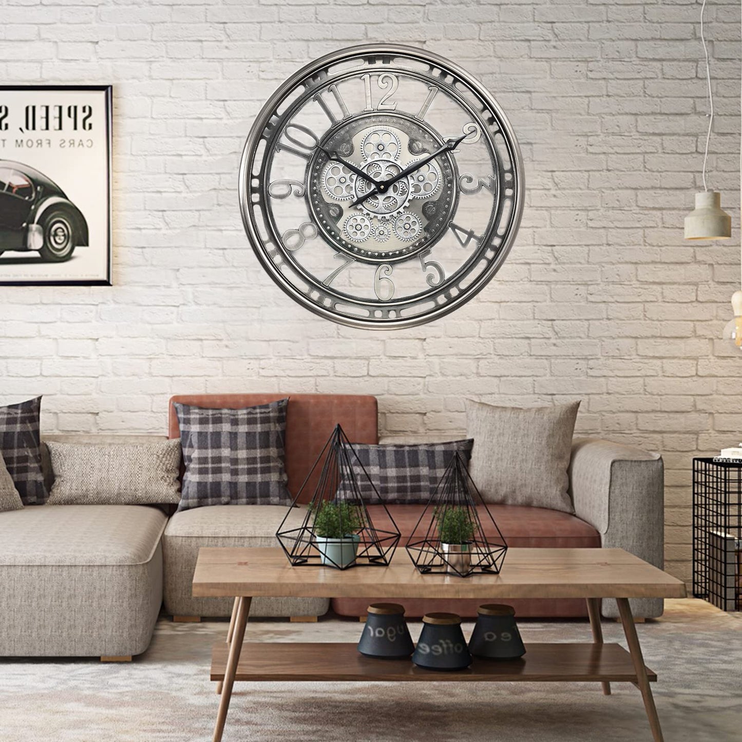 CLXEAST Large Wall Clock with Real Moving Gears, Industrial Steampunk Decor Decorative Big Modern Metal Silent Clock for Living Room Decor, Office, Arabic Numerals, Gunmetal Silver (21 Inch)