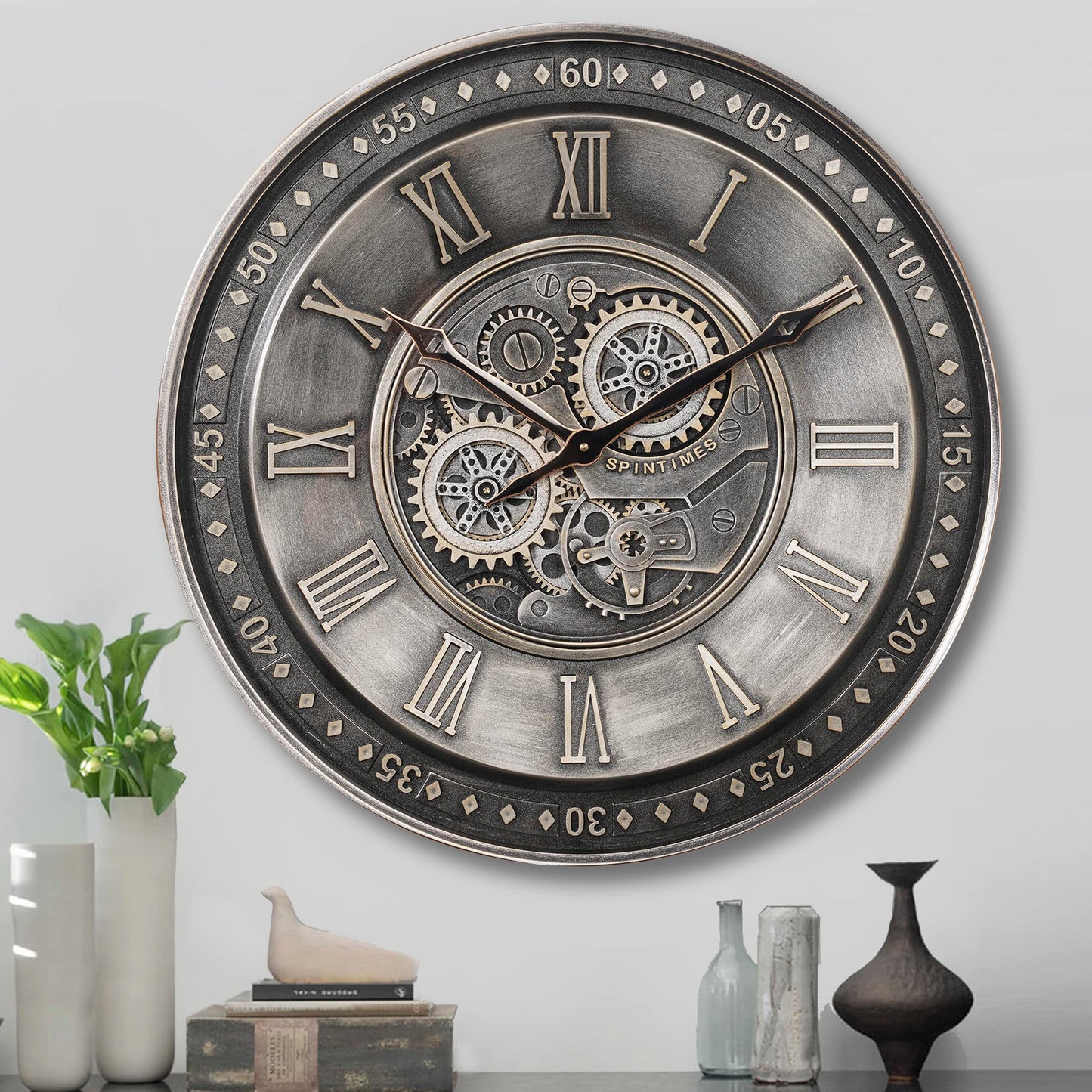 CLXEAST 24 Inch Large Moving Gear Wall Clock for Living Room Decor,Industrial Steampunk Wall Clock, Antique Silver Metal Wall Clock, Big Roman Numerals Silent Wall Clock for Office,Farmhouse