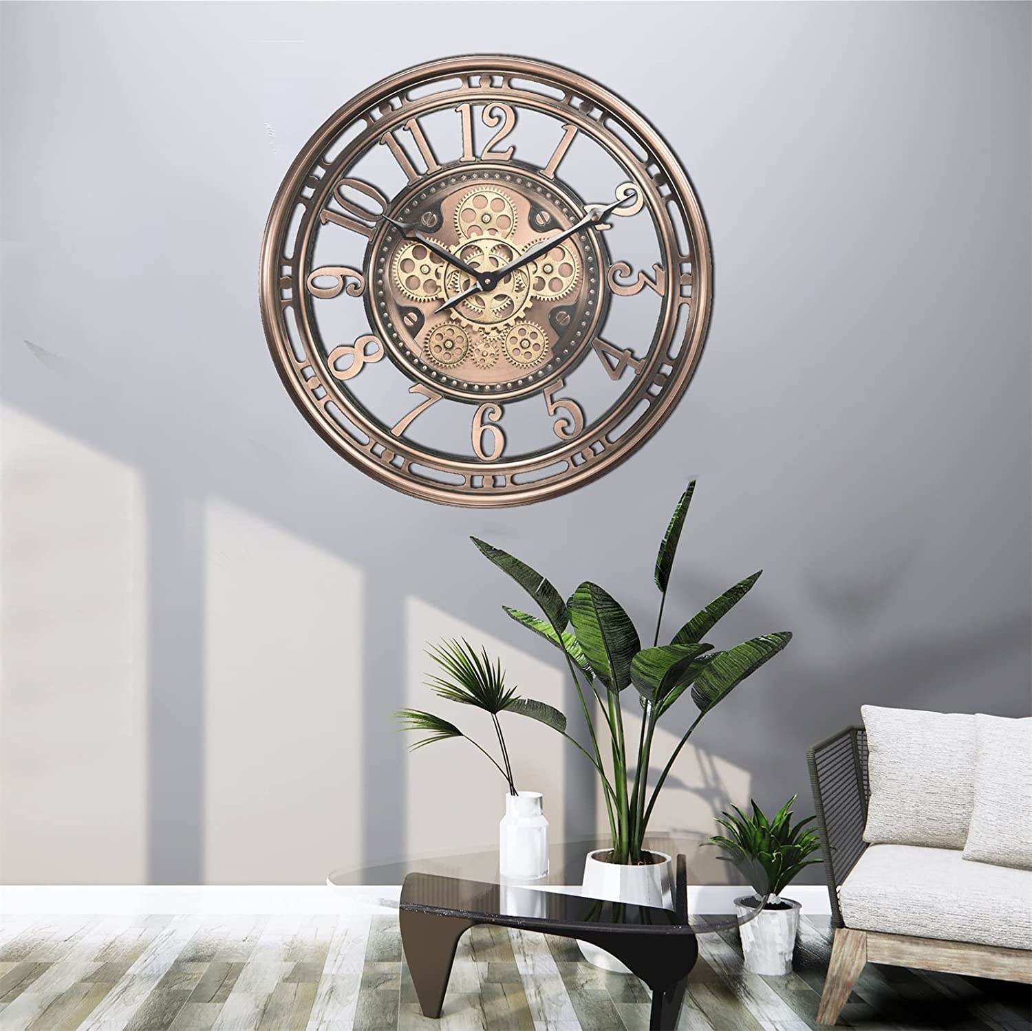 gear wall clock CLXEAST Moving Gear Wall Clock Modern Decor, Large Industrial Wall Clock Steampunk, Metal Big Arabic Numerals Rose Gold Wall Clock for Living Room