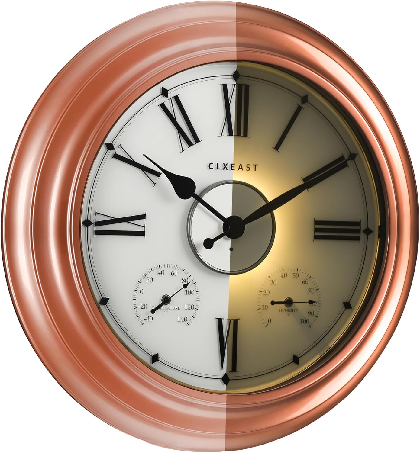 CLXEAST Illuminated Outdoor Indoor Metal Clocks Waterproof 24 inch, Oil Rubbed Bronze Black Finish,Large Clock with Thermometer & Hygrometer for Garden Patio Pool,Outdoor Lights&Decoration