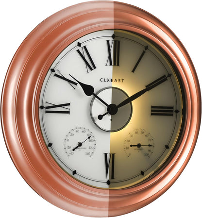 CLXEAST Illuminated Outdoor Indoor Metal Clocks Waterproof 24 inch, Oil Rubbed Bronze Black Finish,Large Clock with Thermometer & Hygrometer for Garden Patio Pool,Outdoor Lights&Decoration