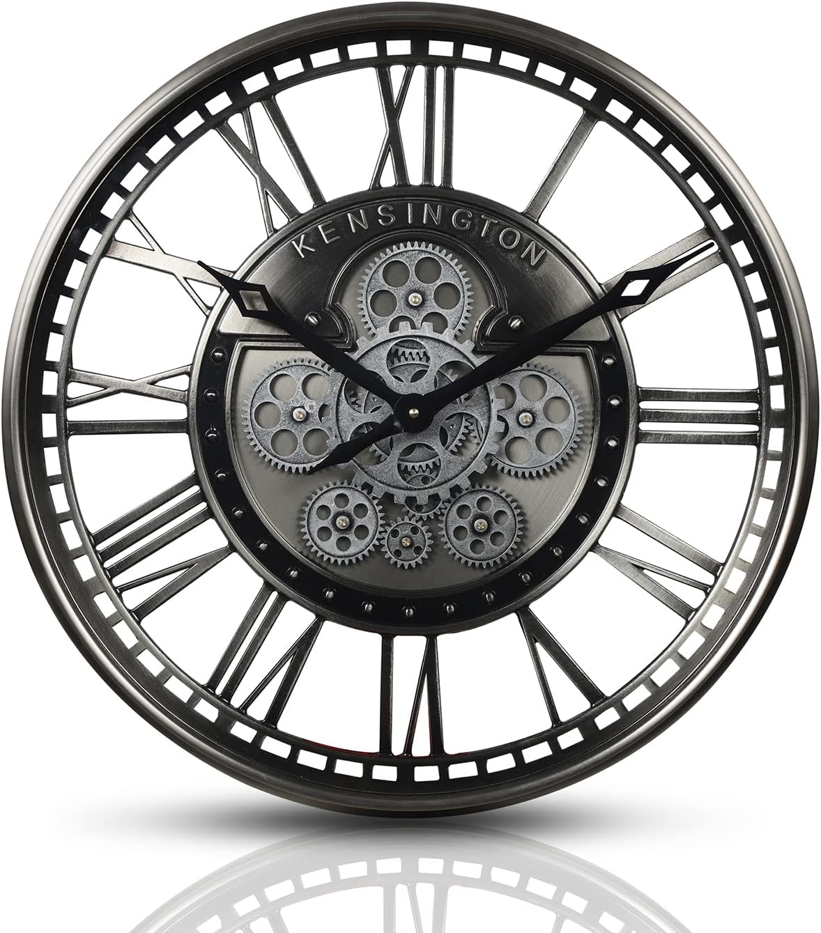 CLXEAST Large Moving Gear Wall Clock,Industrial Steampunk Decor Wall Clock,Metal Wall Art Clock for Modern Farmhouse Living Room Decor,Gunmetal Silver Chrome Finish (20 Inch)
