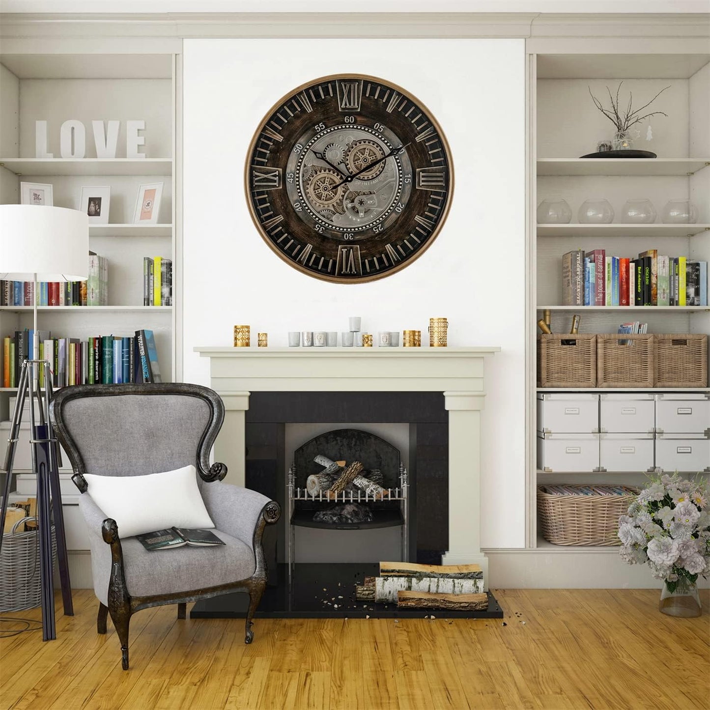 LXEAST 24 Inch Large Moving Gear Wall Clock for Living Room Decor Industrial Steampunk+18 Inch Illuminated Teal Green Wall Clock for Christmas Decorations, Lighted Wall Clocks with Smart Sensor
