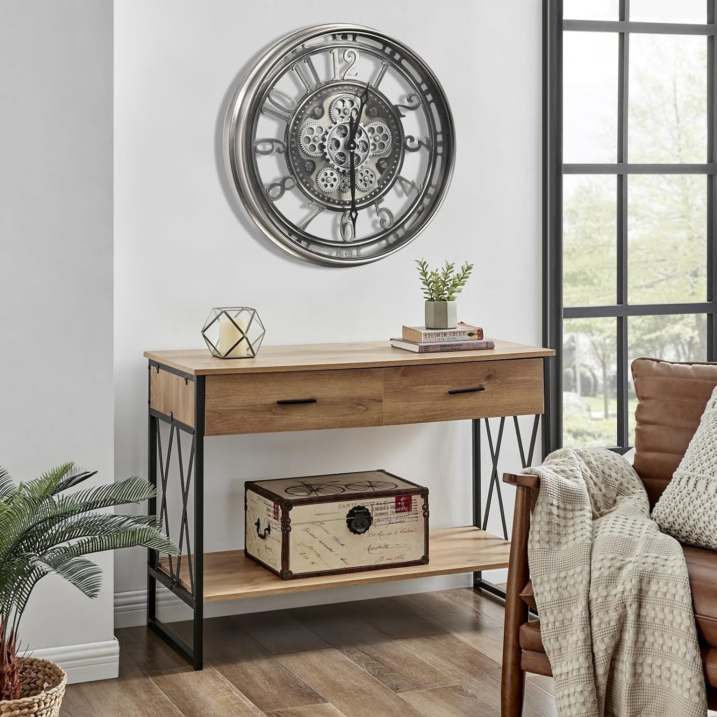 CLXEAST Large Moving Gear Wall Clock,Industrial Steampunk Decor Wall Clock,Metal Wall Art Clock for Modern Farmhouse Living Room Decor,Gunmetal Silver Chrome Finish (20 Inch)