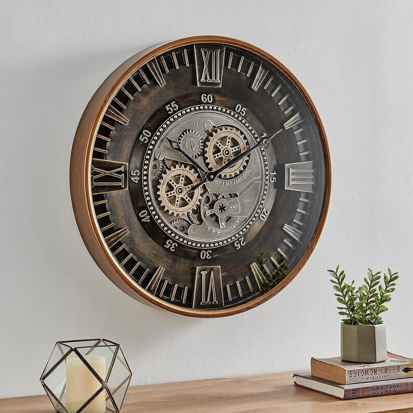 CLXEAST 24 Inch Wall Clock with Moving Gears,Oversized Large Industrial Steampunk Wall Clock, Antique Gold Metal Roman Numeral Wall Clocks for Farmhouse Living Room Decor