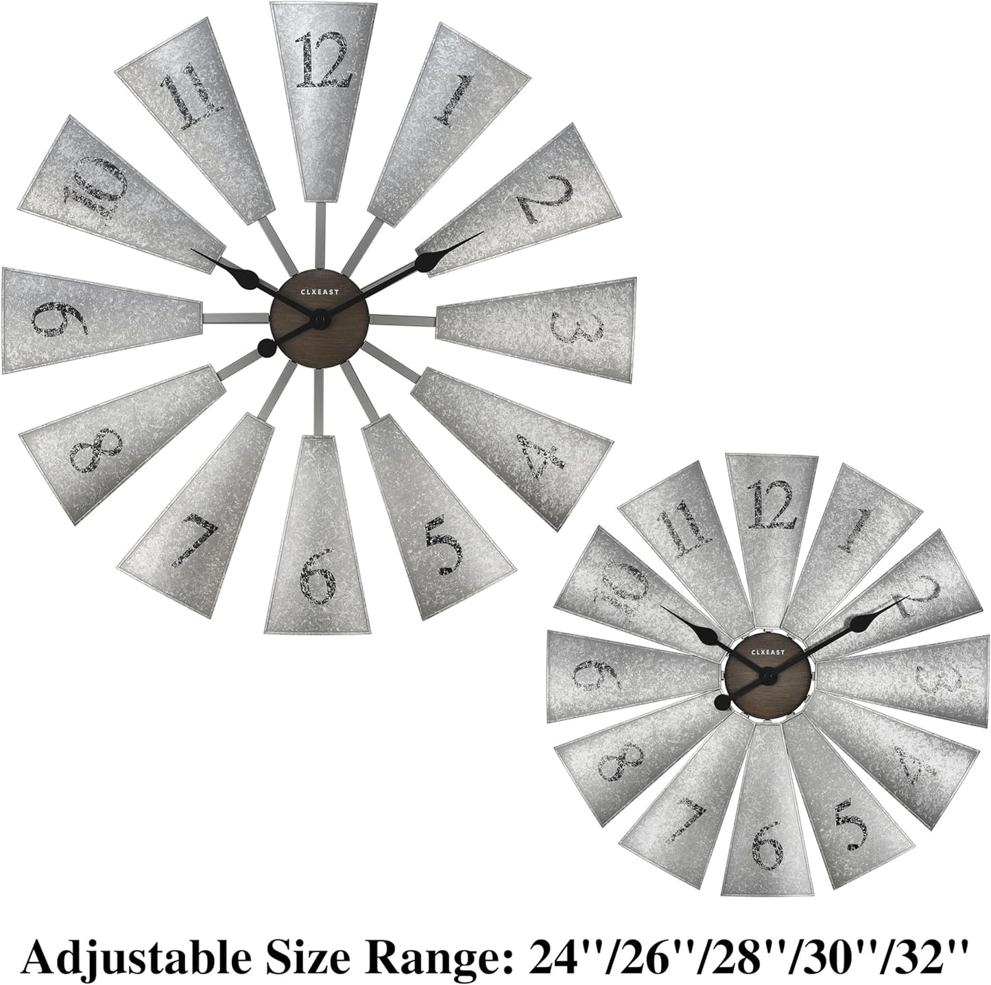 CLXEAST 30 Inch Large Farmhouse DIY Windmill Decor Wall Clock, Adjustable Size 24"/26"/28"/30"/32", 24 Inch Wall Clocks for Living Room Decor,Wall Art Decor, Galvanized Gray/Dark Grey Oak