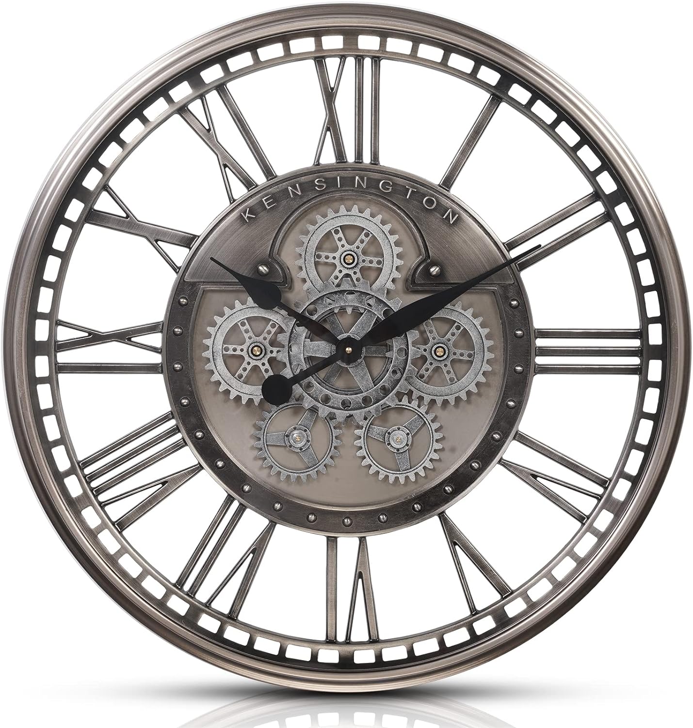 CLXEAST Large Moving Gear Wall Clock,Industrial Steampunk Decor Wall Clock,Metal Wall Art Clock for Modern Farmhouse Living Room Decor,Gunmetal Silver Chrome Finish (20 Inch)