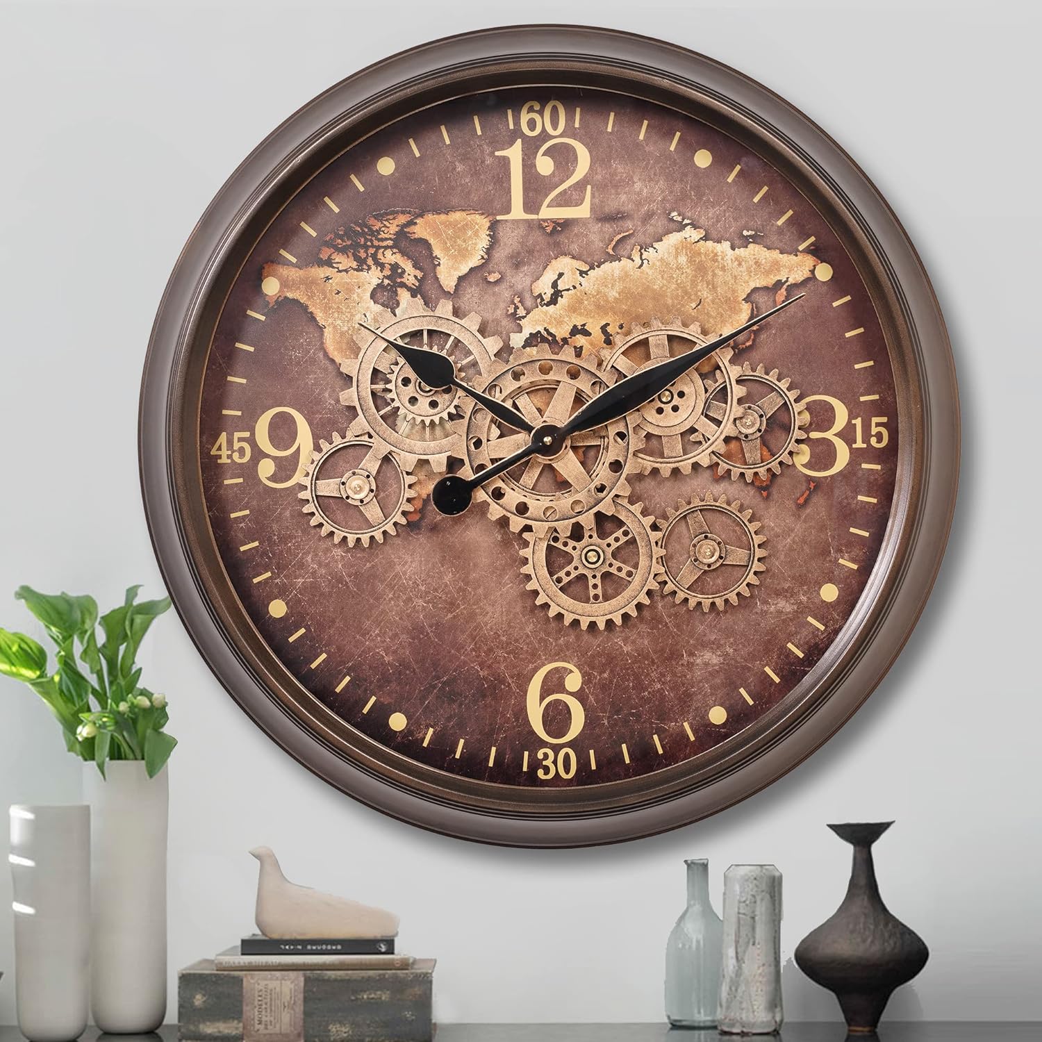 moving gear wall clock CLXEAST 24 Inch Wall Clock with Moving Gears,Oversized Large Industrial Steampunk Wall Clock, Antique Gold Metal Roman Numeral Wall Clocks for