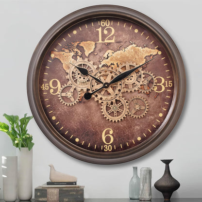 CLXEAST 24 Inch Wall Clock with Moving Gears,Oversized Large Industrial Steampunk Wall Clock, Antique Gold Metal Roman Numeral Wall Clocks for Farmhouse Living Room Decor