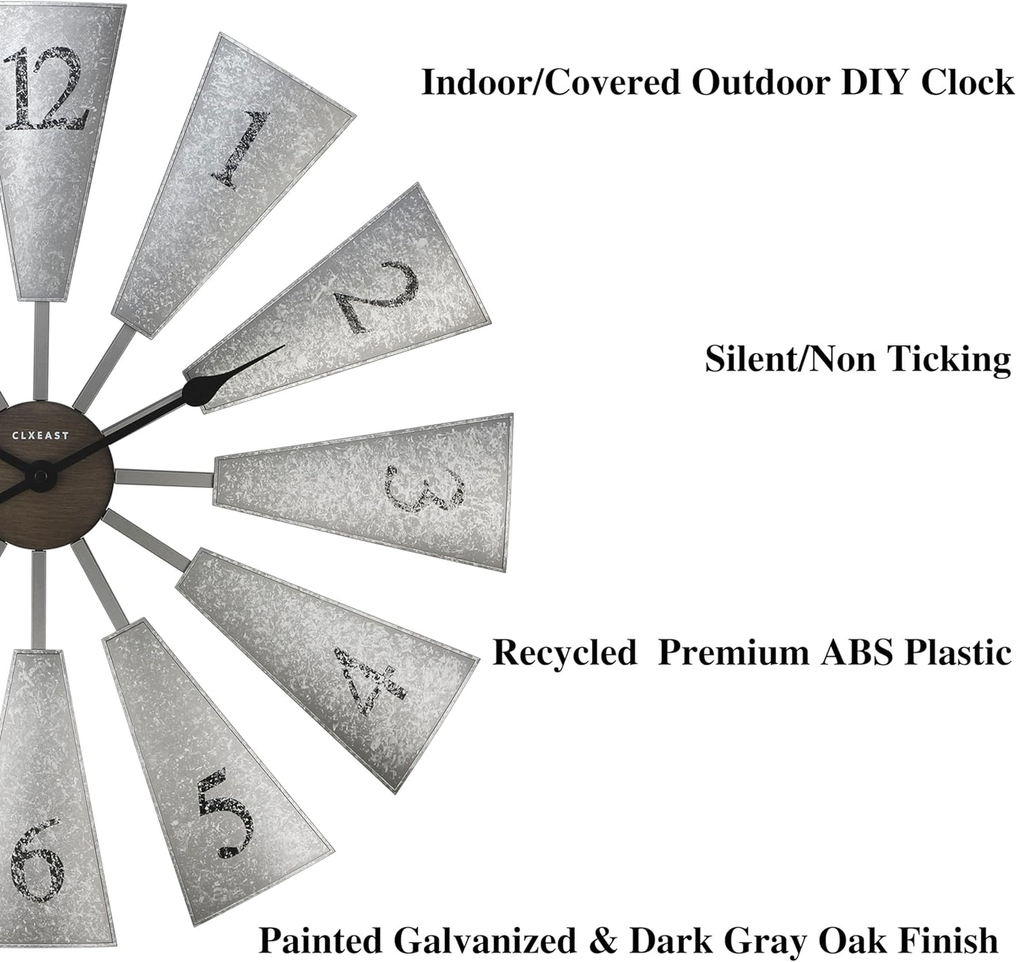 CLXEAST 30 Inch Large Farmhouse DIY Windmill Decor Wall Clock, Adjustable Size 24"/26"/28"/30"/32", 24 Inch Wall Clocks for Living Room Decor,Wall Art Decor, Galvanized Gray/Dark Grey Oak