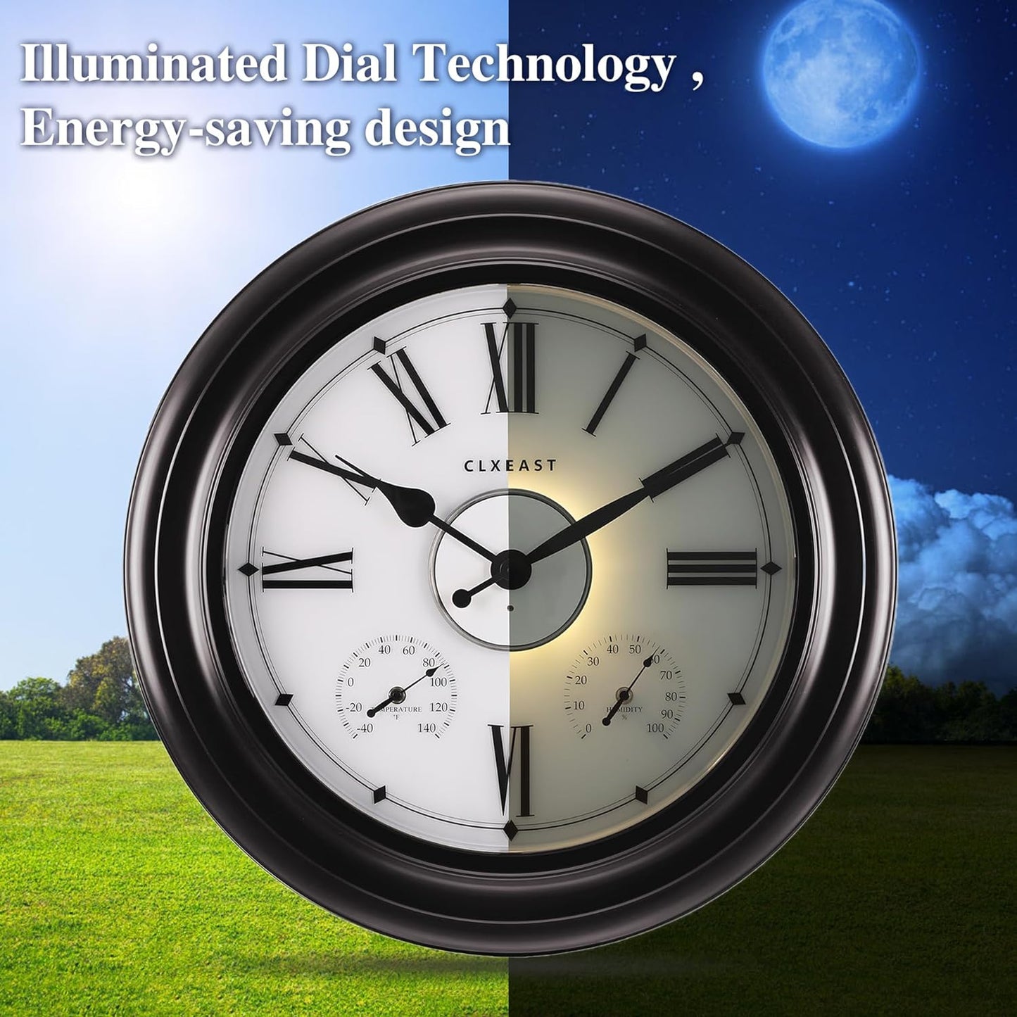 CLXEAST Illuminated Outdoor Indoor Metal Clocks Waterproof 24 inch, Oil Rubbed Bronze Black Finish,Large Clock with Thermometer & Hygrometer for Garden Patio Pool,Outdoor Lights&Decoration