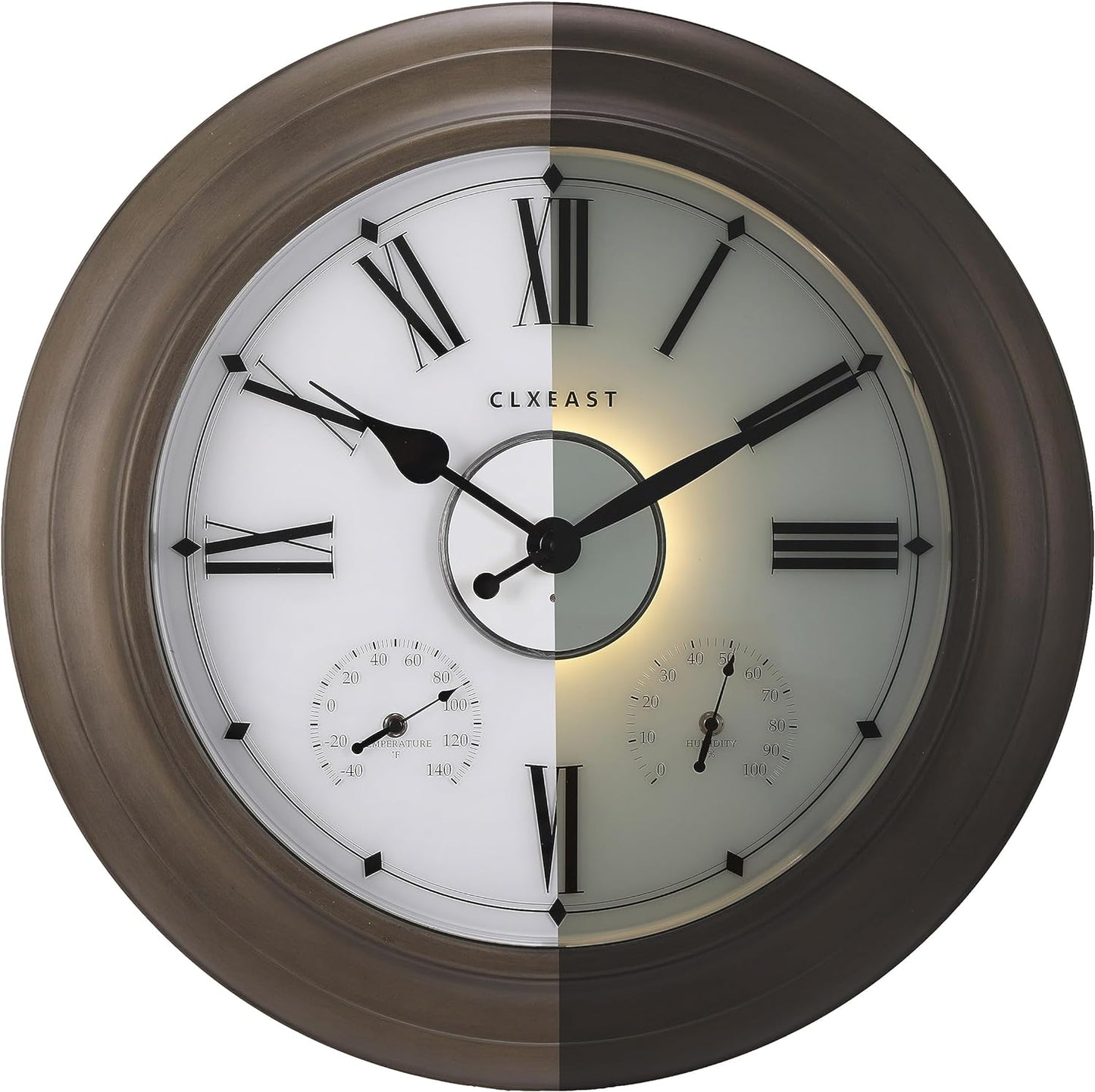 CLXEAST Illuminated Outdoor Indoor Metal Clocks Waterproof 24 inch, Oil Rubbed Bronze Black Finish,Large Clock with Thermometer & Hygrometer for Garden Patio Pool,Outdoor Lights&Decoration