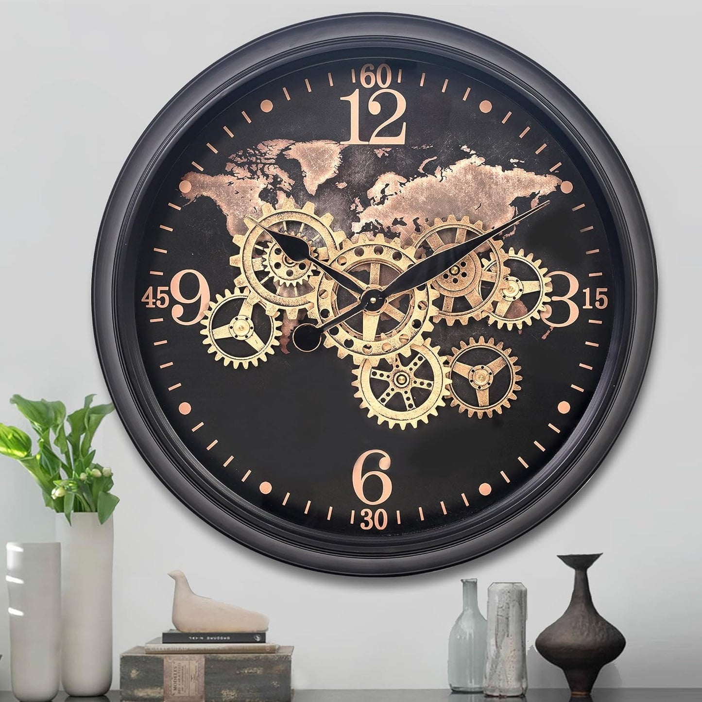 CLXEAST 24 Inch Wall Clock with Moving Gears,Oversized Large Industrial Steampunk Wall Clock, Antique Gold Metal Roman Numeral Wall Clocks for Farmhouse Living Room Decor